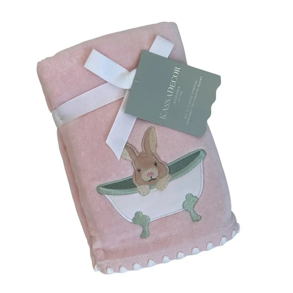 NEW Kassatex 2pk Hand Towels Easter Bunny in Bath Tub Pastel Pink 18x28